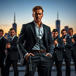 A confident man with a stylish outfit, standing proud among a small group of men dressed in sharp black suits
