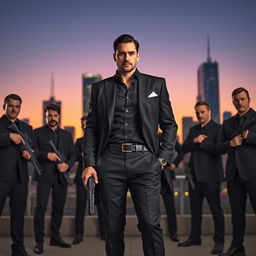 A confident man with a stylish outfit, standing proud among a small group of men dressed in sharp black suits