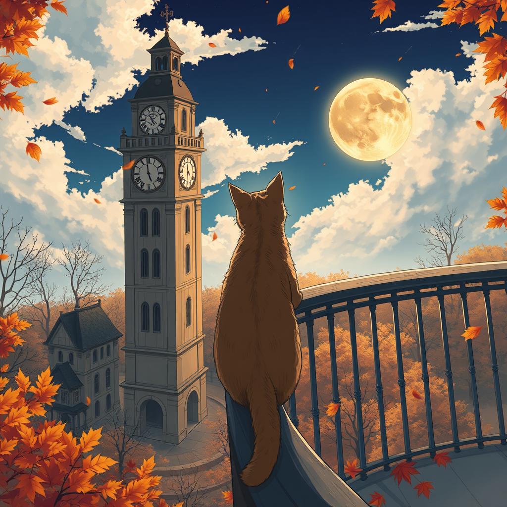 An anime-themed illustration depicting an autumn scene from a high angle