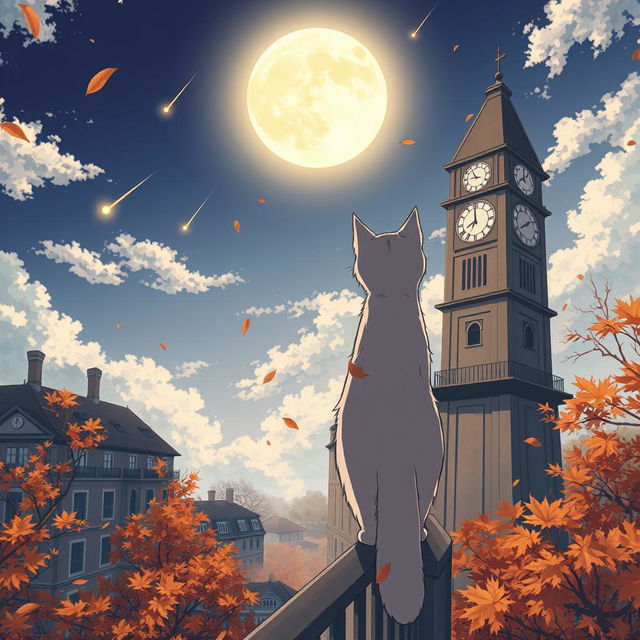 An anime-themed illustration depicting an autumn scene from a high angle