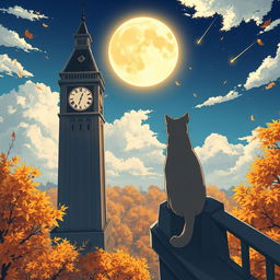 An anime-themed illustration depicting an autumn scene from a high angle