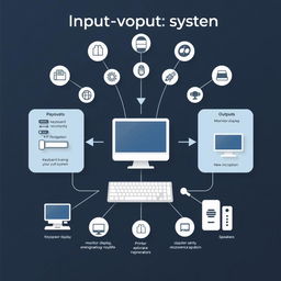 A detailed and informative diagram of an input-output system, prominently featuring a computer as the central example