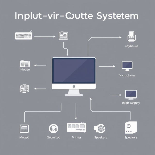 A detailed and informative diagram of an input-output system, prominently featuring a computer as the central example