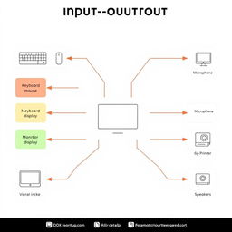 A detailed and informative diagram of an input-output system, prominently featuring a computer as the central example