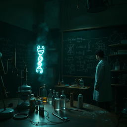 A dark and atmospheric science study scene, featuring a mysterious laboratory filled with intricate scientific equipment