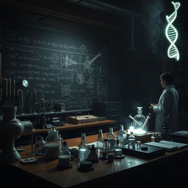 A dark and atmospheric science study scene, featuring a mysterious laboratory filled with intricate scientific equipment