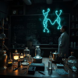 A dark and atmospheric science study scene, featuring a mysterious laboratory filled with intricate scientific equipment