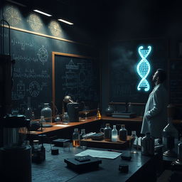 A dark and atmospheric science study scene, featuring a mysterious laboratory filled with intricate scientific equipment