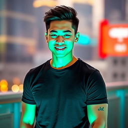 A handsome Asian man wearing a black t-shirt, standing confidently with a charming smile