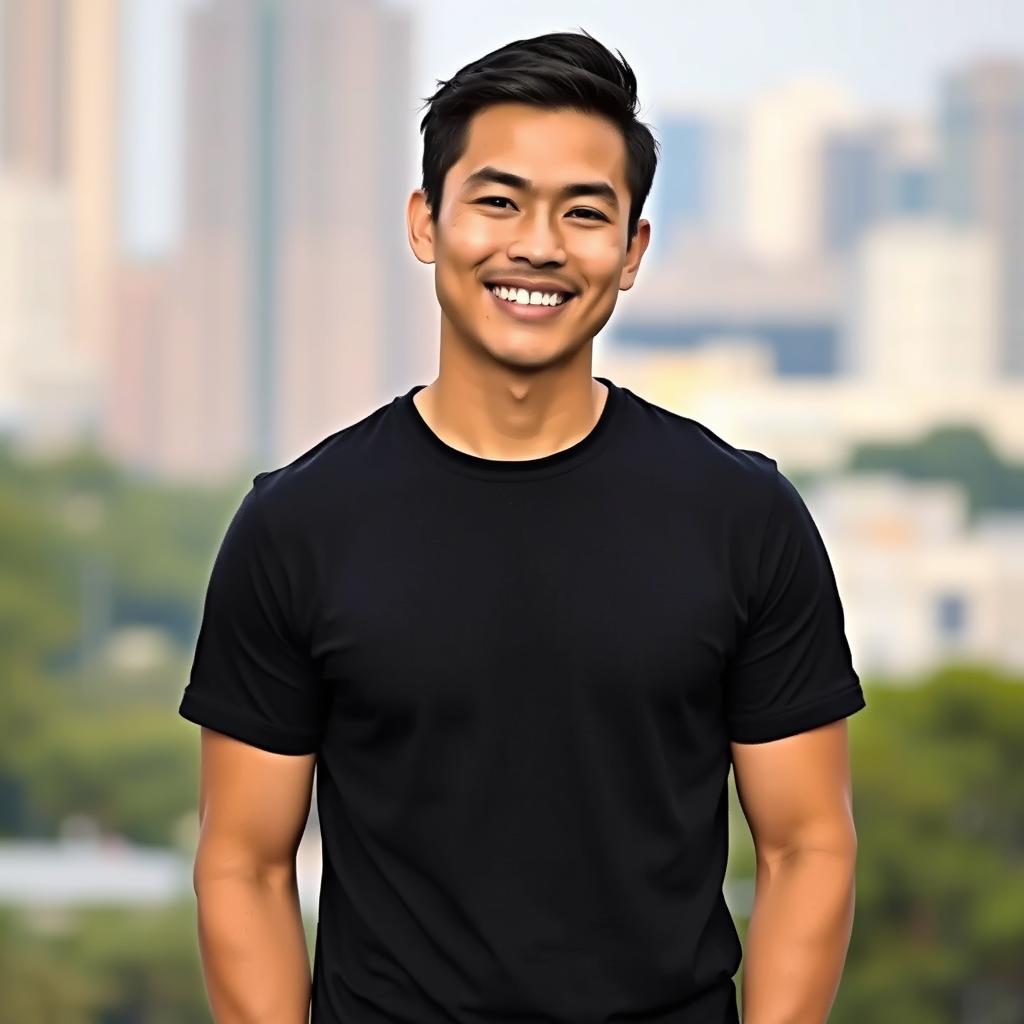 A handsome Asian man wearing a black t-shirt, standing confidently with a charming smile