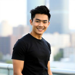 A handsome Asian man wearing a black t-shirt, standing confidently with a charming smile