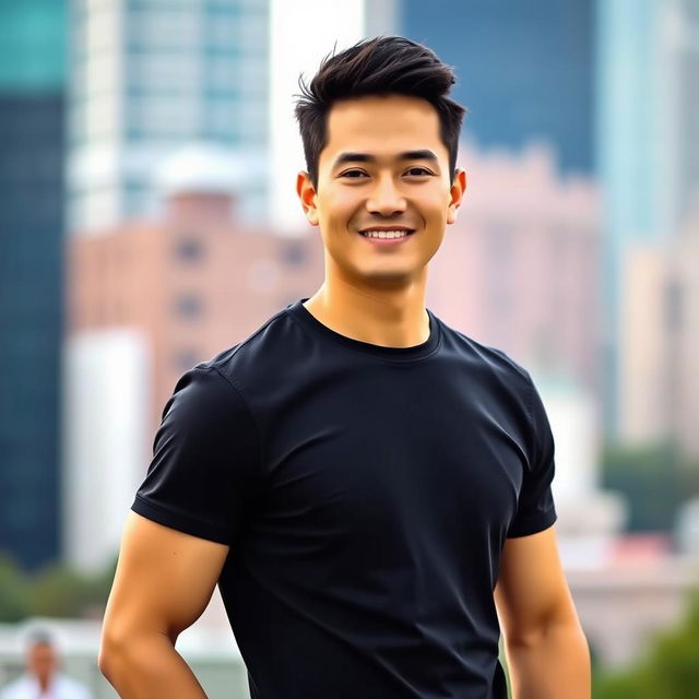 A handsome Asian man wearing a black t-shirt, standing confidently with a charming smile