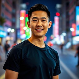 A handsome Asian man wearing a stylish black t-shirt, standing in an urban environment with a confident and friendly demeanor