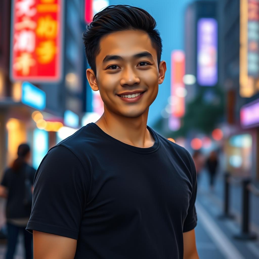 A handsome Asian man wearing a stylish black t-shirt, standing in an urban environment with a confident and friendly demeanor