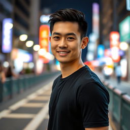 A handsome Asian man wearing a stylish black t-shirt, standing in an urban environment with a confident and friendly demeanor