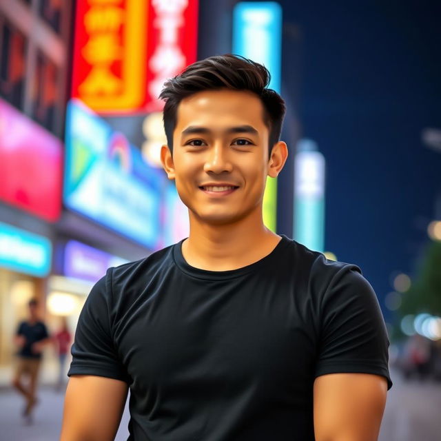 A handsome Asian man wearing a stylish black t-shirt, standing in an urban environment with a confident and friendly demeanor