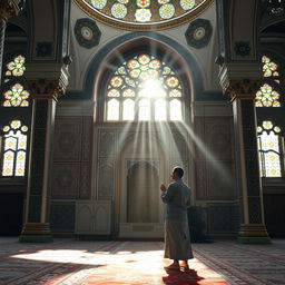 A serene scene of a man praying in a beautifully decorated mosque