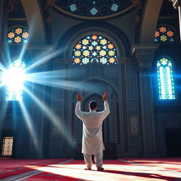 A serene scene of a man praying in a beautifully decorated mosque