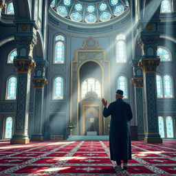 A serene scene of a man praying in a beautifully decorated mosque