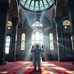 A serene scene of a man praying in a beautifully decorated mosque