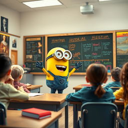 A cheerful yellow Minion character animatedly teaching history to a group of students in a classroom setting