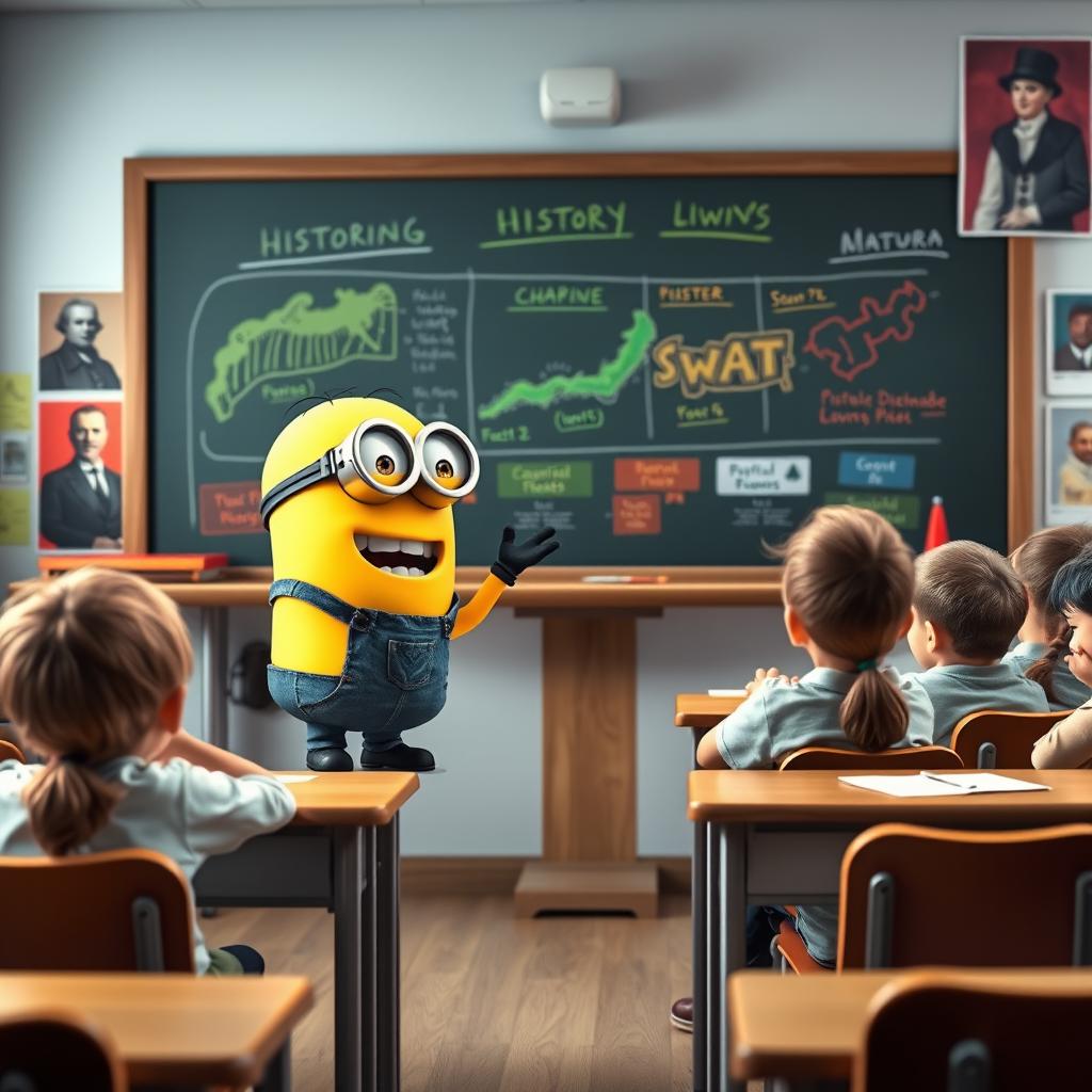 A cheerful yellow Minion character animatedly teaching history to a group of students in a classroom setting