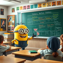 A cheerful yellow Minion character animatedly teaching history to a group of students in a classroom setting
