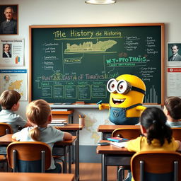 A cheerful yellow Minion character animatedly teaching history to a group of students in a classroom setting