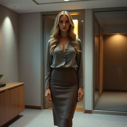 In a modern office setting with soft lighting and neutral tones, Sofia, a tall blonde woman with long wavy hair and large breasts, stands by the slightly open door of the director's room