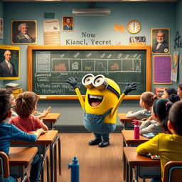 A lively yellow Minion character enthusiastically teaching history in a colorful classroom setting
