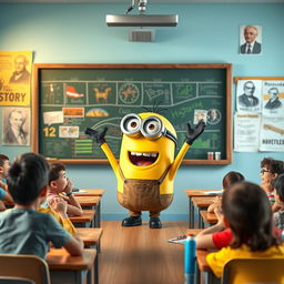 A lively yellow Minion character enthusiastically teaching history in a colorful classroom setting