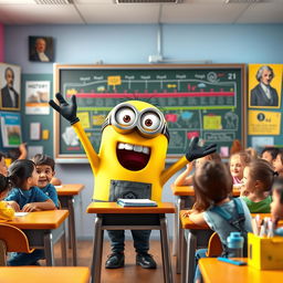 A lively yellow Minion character enthusiastically teaching history in a colorful classroom setting