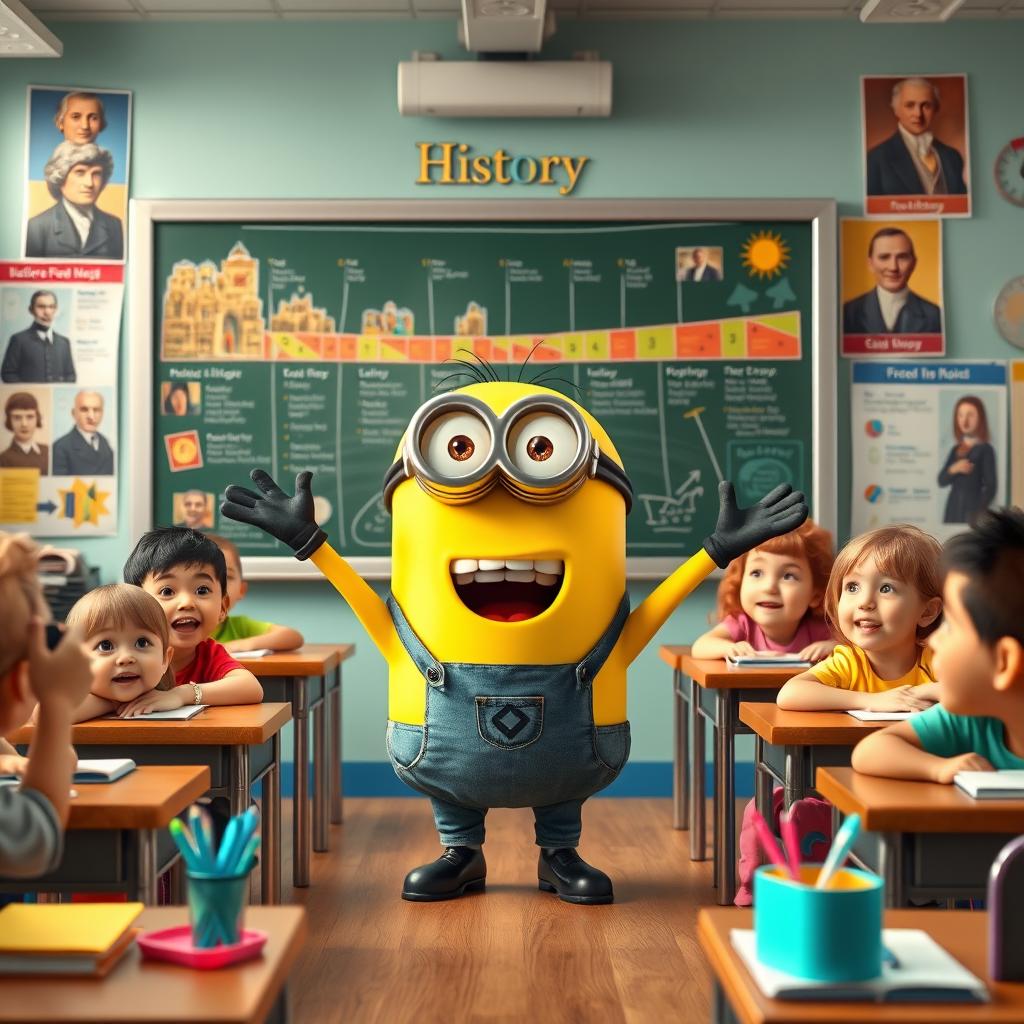 A lively yellow Minion character enthusiastically teaching history in a colorful classroom setting