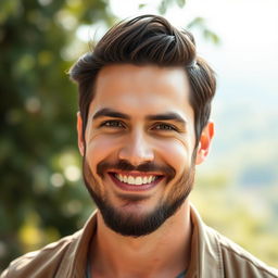 A portrait of a man with a well-groomed beard, exhibiting a warm smile and a confident expression