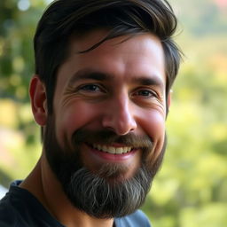 A portrait of a man with a well-groomed beard, exhibiting a warm smile and a confident expression