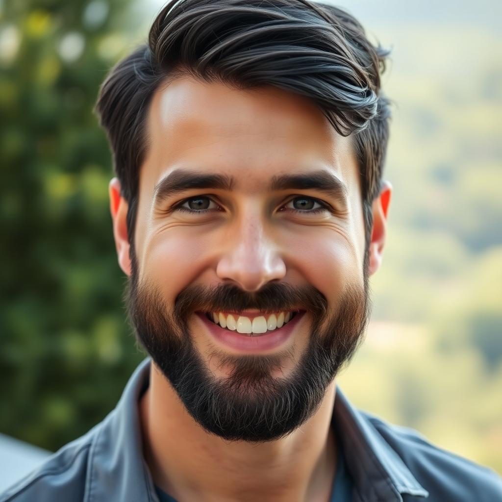 A portrait of a man with a well-groomed beard, exhibiting a warm smile and a confident expression