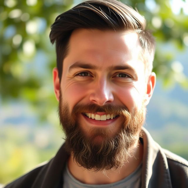 A portrait of a man with a well-groomed beard, exhibiting a warm smile and a confident expression