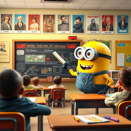 A playful yellow Minion character teaching history to students in a vibrant classroom