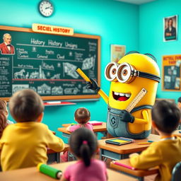 A playful yellow Minion character teaching history to students in a vibrant classroom