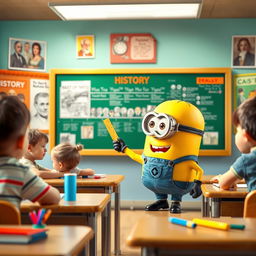A playful yellow Minion character teaching history to students in a vibrant classroom