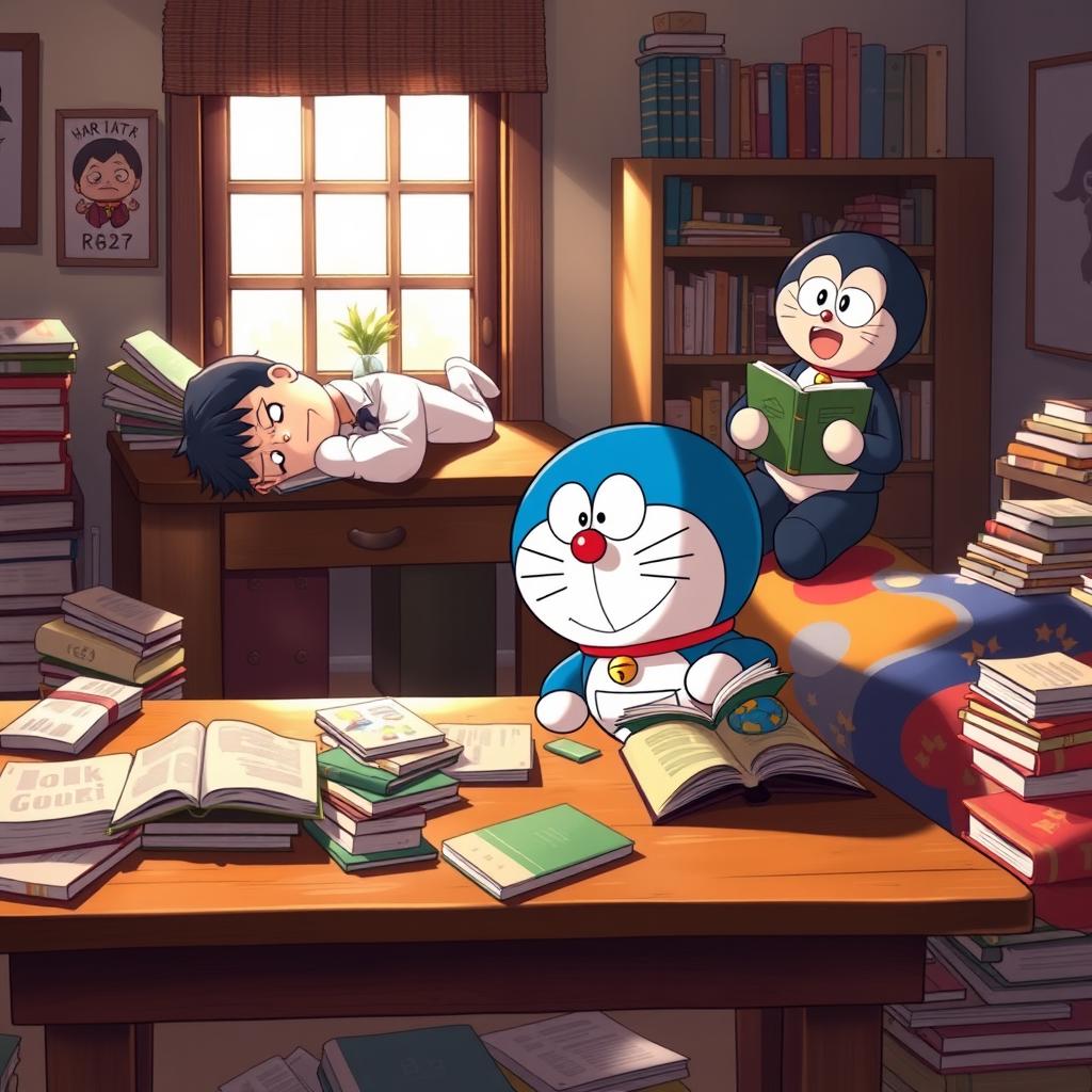 A cozy room featuring a wooden study table cluttered with scattered books, creating a warm and inviting atmosphere