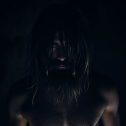 A man characterized by a long beard and hair, with his eyes and mouth obscured, showcasing a distinctive and mysterious appearance