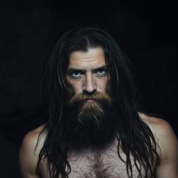 A man characterized by a long beard and hair, with his eyes and mouth obscured, showcasing a distinctive and mysterious appearance