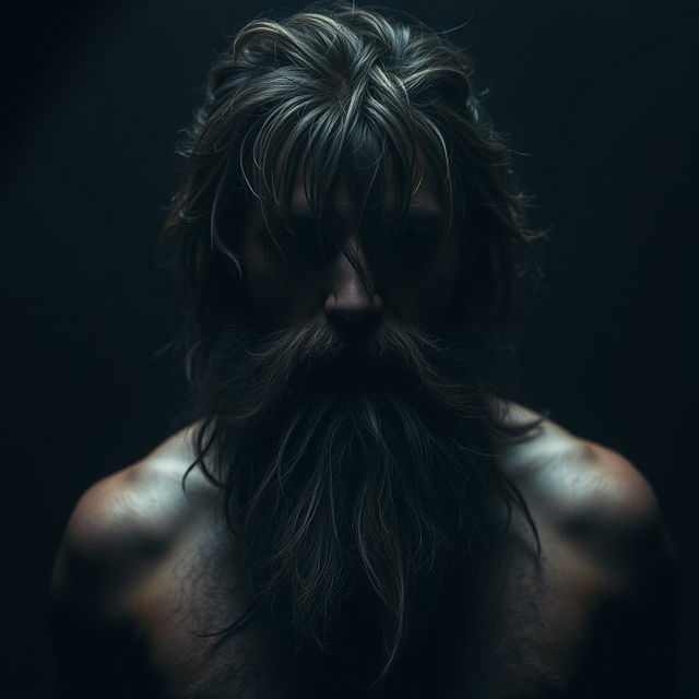 A man characterized by a long beard and hair, with his eyes and mouth obscured, showcasing a distinctive and mysterious appearance