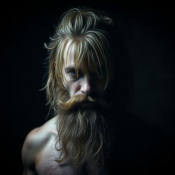 A man characterized by a long beard and hair, with his eyes and mouth obscured, showcasing a distinctive and mysterious appearance