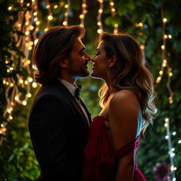 A passionate kiss between two lovers, their faces close together with soft smiles just before their lips meet