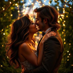 A passionate kiss between two lovers, their faces close together with soft smiles just before their lips meet