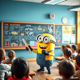 A lively yellow Minion character teaching history in a vibrant classroom