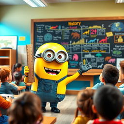 A lively yellow Minion character teaching history in a vibrant classroom