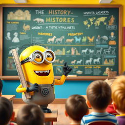 A lively yellow Minion character teaching history in a vibrant classroom